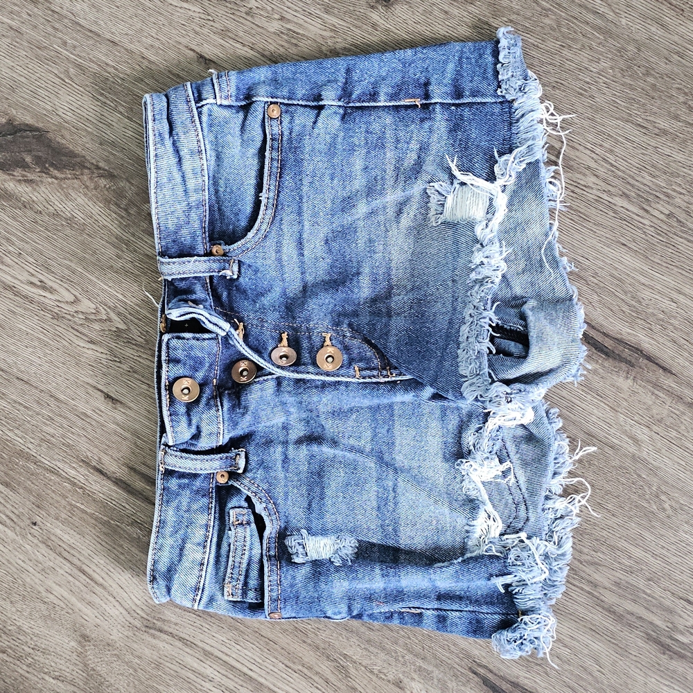 Distressed Denim Shorts with Button Details